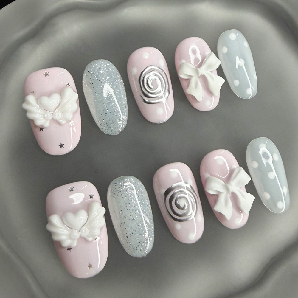 Nail Art Vintage - Uñas postizas coreanas vintage Wishcore, cortas,